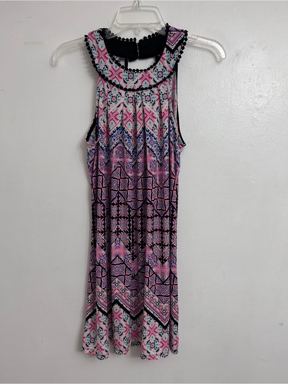 Sleeveless Dress Pink Black Multi Patterned High-Neck Shift Dress Size S